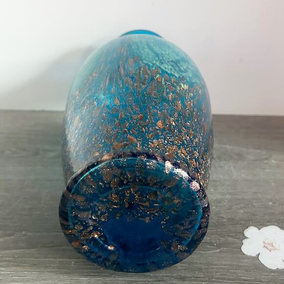 Dale Tiffany Favrile Amphora Art Glass Teal Blue Copper Aventurine 10" Vase EUC - Picture 9 of 10
